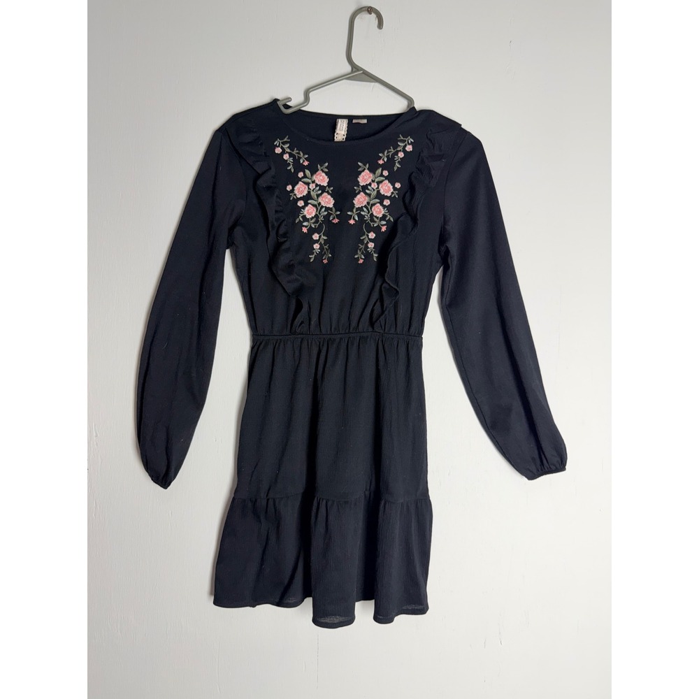 H&M Divided Black Floral Embroidered Ruffle Long Sleeve Mini Dress XXS Boho